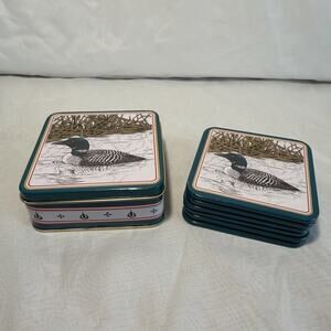Set Of 6 Vintage 1990 GANZ Metal & Cork Duck Coasters In Tin - New Old Stock